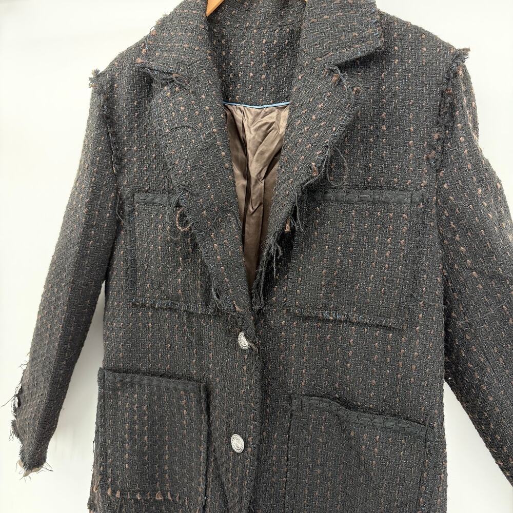 Distressed Tweed Blazer Charcoal Dark Academia Matin Kim Style OS Korean Style - Picture 2 of 8
